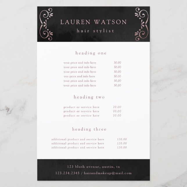 black silk rose gold service and price flyer (Front)