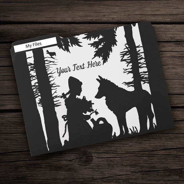 Black Silouette Red Riding Hood Wolf in Woods Tree File Folder (Black and white Red riding hood with wolf under trees in the forest on set of file folders.)