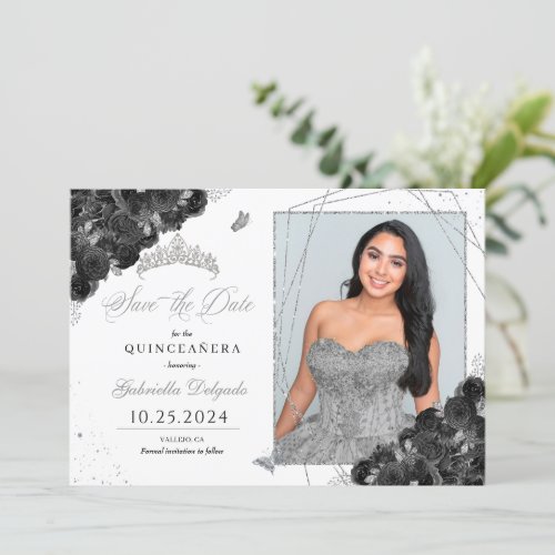 Black  Silve Photo Card Quinceaera Save The Date