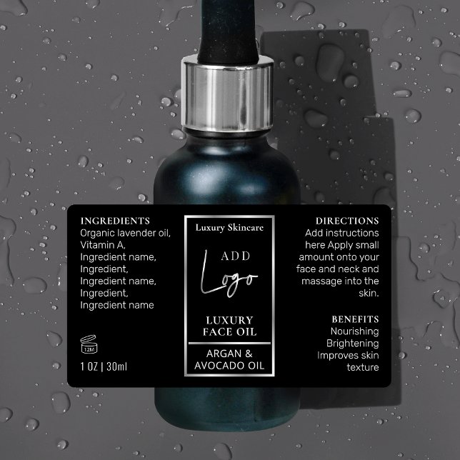 Black Silver 1 OZ 30ml Bottle Skincare Waterproof Labels (Elegant black and silver 1 OZ cosmetic bottle waterproof label *verify size*)