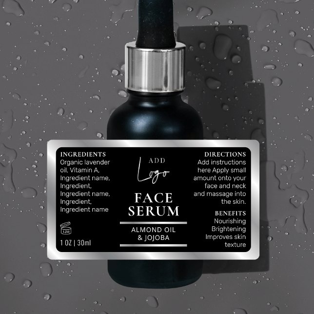 Black Silver 1 OZ 30ml Cosmetic Bottle Waterproof Labels (Modern black and silver 1 OZ dropper bottle waterproof label *verify size*)