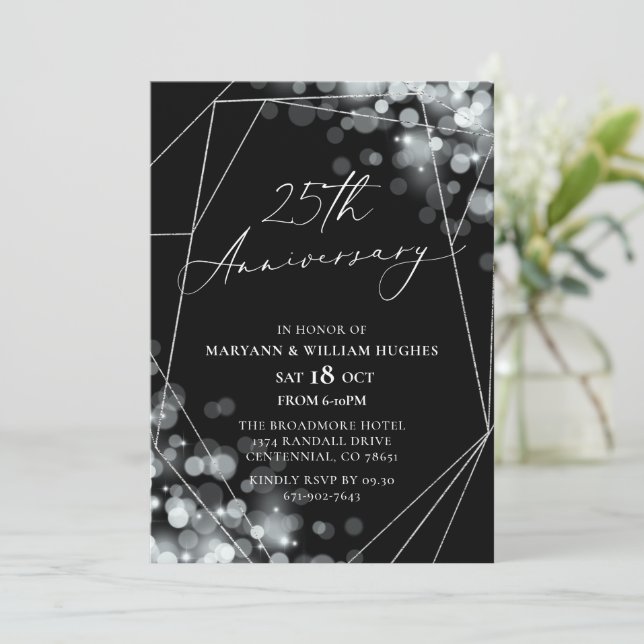 Black & Silver 25th Wedding Anniversary  Invitation (Standing Front)
