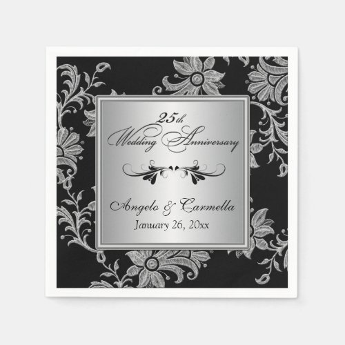 Black Silver 25th Wedding Anniversary Napkins