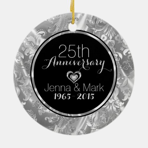 Black  Silver 25th Wedding Anniversary Ornament