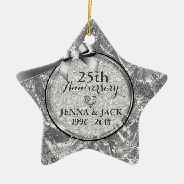 Black & Silver 25th Wedding Anniversary Ornament 4 (Front)