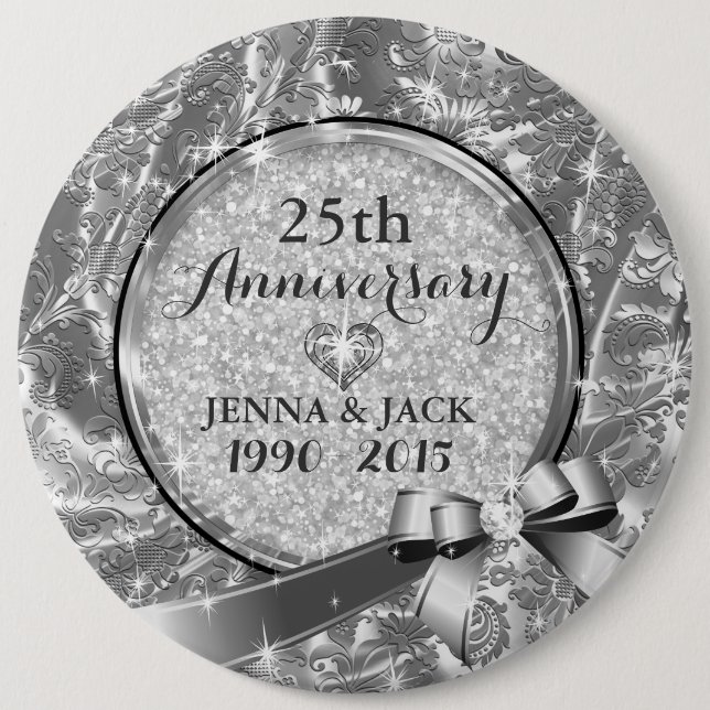 Black & Silver 25th Wedding Anniversary Ornament 4 Button (Front)