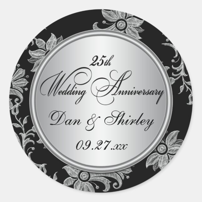 Black, Silver 25th Wedding Anniversary Sticker (Front)