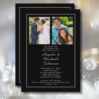 Black Silver 25th Wedding Anniversary Then and Now Invitation