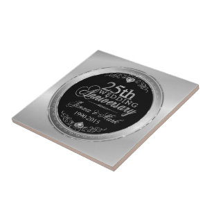 Black & Silver 25th Wedding Anniversary Tile