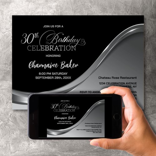 Black Silver 30th Birthday Party Invitation