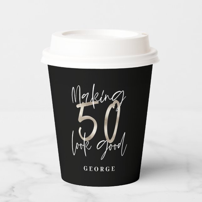 Black silver 50th birthday modern elegant paper cups (Front)