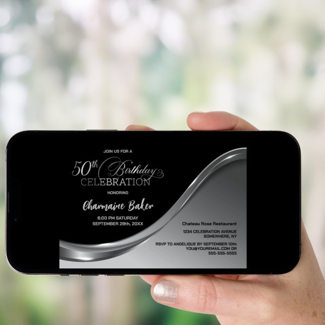 Black Silver 50th Birthday Party Invitation (Front Digital)