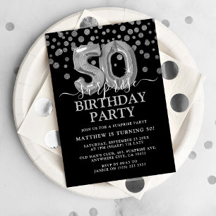 Black & Silver 50th Surprise Birthday Party Invitation