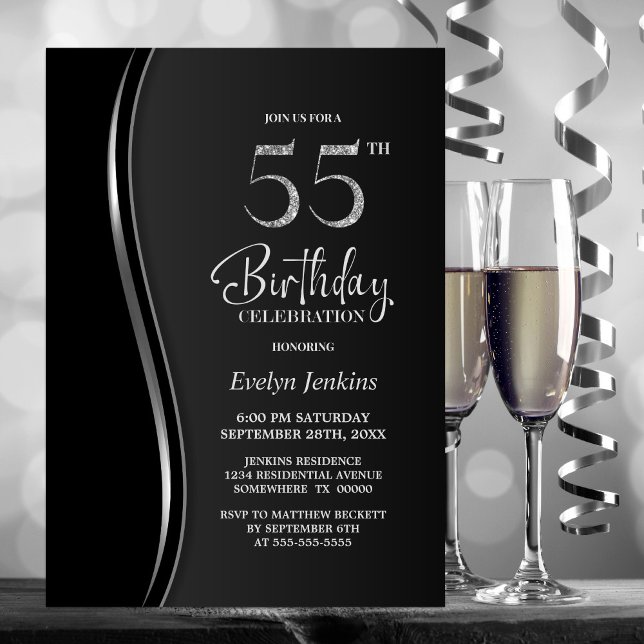 Black Silver 55th Birthday Party Invitation (Creator Uploaded)