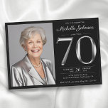 Black Silver 70th Birthday Invitation<br><div class="desc">Black Silver 70th Birthday Invitation. Make a bold statement with this black and silver milestone birthday invitation, designed for those who appreciate modern elegance. Featuring sleek solid typography against a rich black backdrop, the shimmering silver accents bring a touch of sophistication to your celebration. Perfect for an upscale evening or...</div>