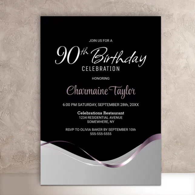 Black Silver 90th Birthday Party Invitation | Zazzle