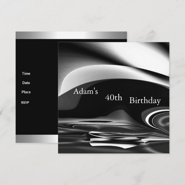 Black Silver Abstract 2 40th Birthday Party Mens Invitation (Front/Back)