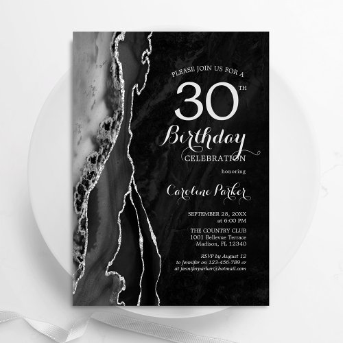 Black Silver Agate 30th Birthday Invitation