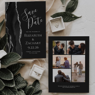 Black Silver Agate 5-Photo Dark Save the Date Card