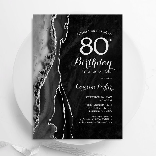 Black Silver Agate 80th Birthday Invitation (Creator Uploaded)