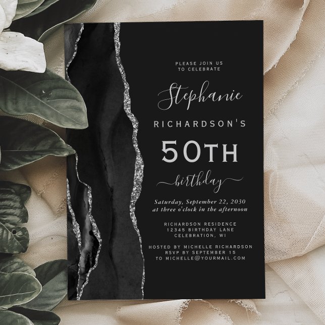 Black Silver Agate Dark 50th Birthday Party Invitation (Creator Uploaded)