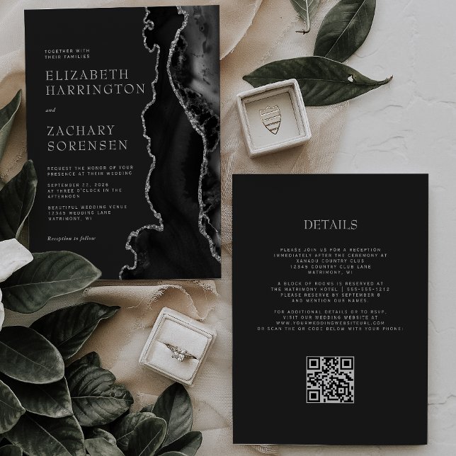 Black Silver Agate Dark QR Code Wedding Invitation (Creator Uploaded)