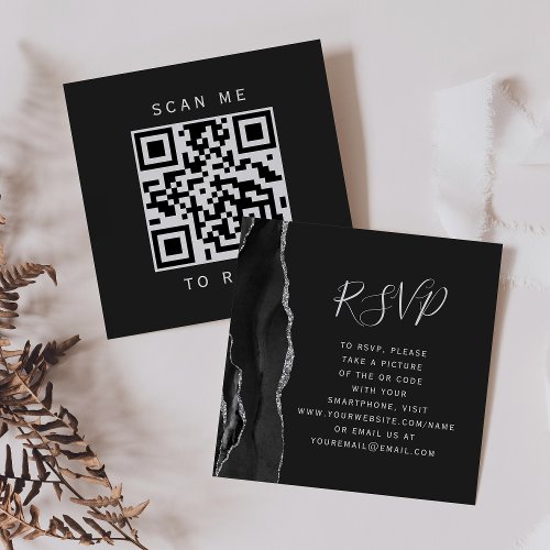 Black Silver Agate Dark Wedding QR Code RSVP Enclosure Card