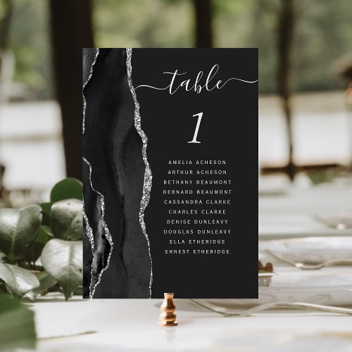 Black Silver Agate Dark Wedding Table Number