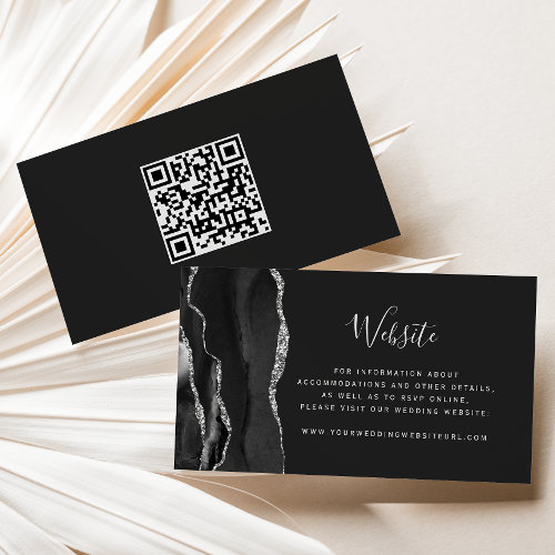 Black Silver Agate Dark Wedding Website QR Code Enclosure Card