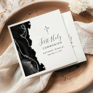Black Silver Agate First Holy Communion Napkins