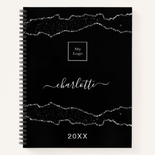 Black silver agate marble business logo notebook