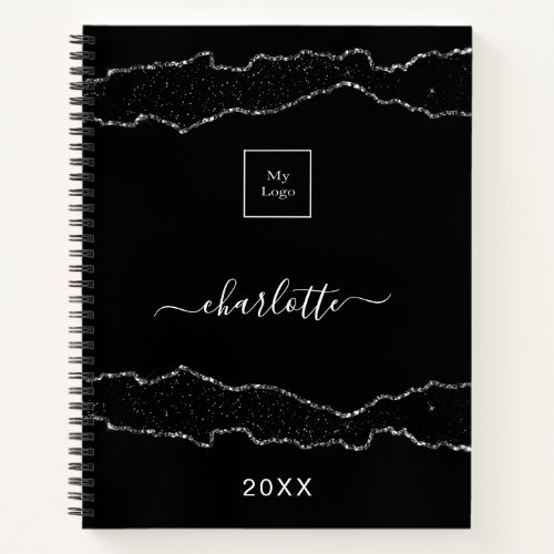 Black silver agate marble business logo notebook