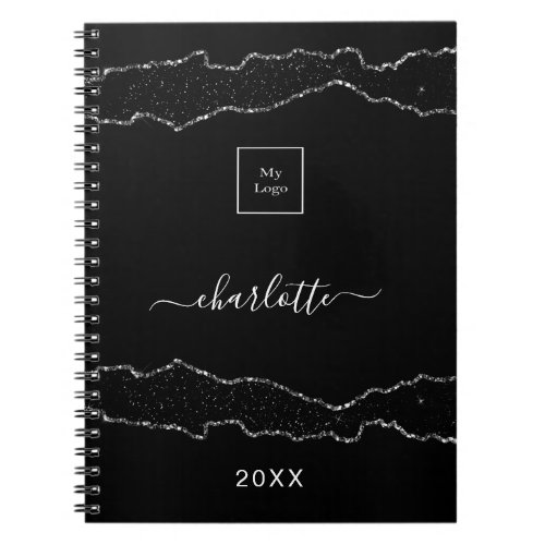 Black silver agate marble business logo notebook