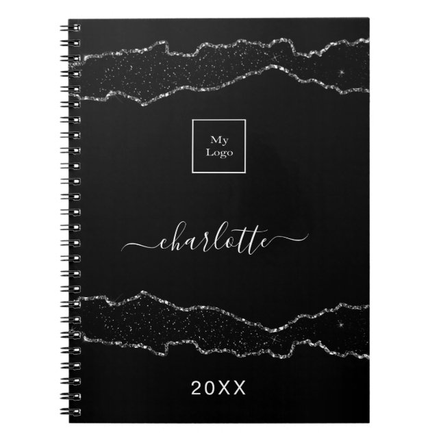 Black silver agate marble business logo notebook (Front)