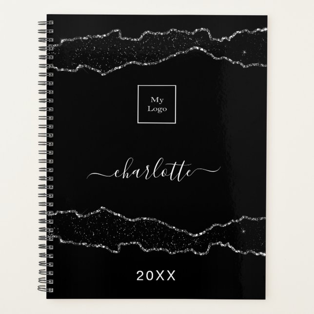 Black silver agate marble business logo planner (Front)