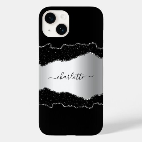 Black silver agate marble name script  Case_Mate iPhone 14 case