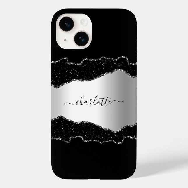 Black silver agate marble name script  Case-Mate iPhone case (Back)
