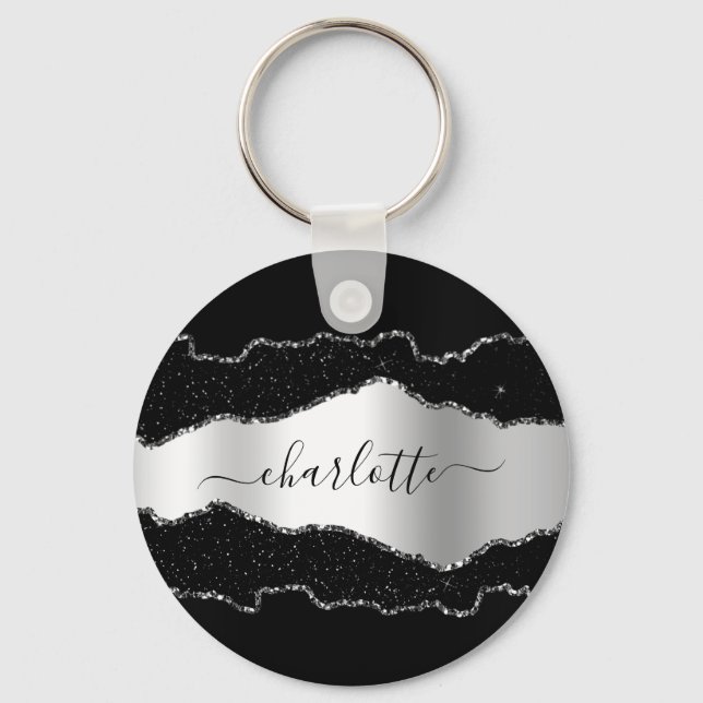 Black silver agate marble name script  keychain (Front)