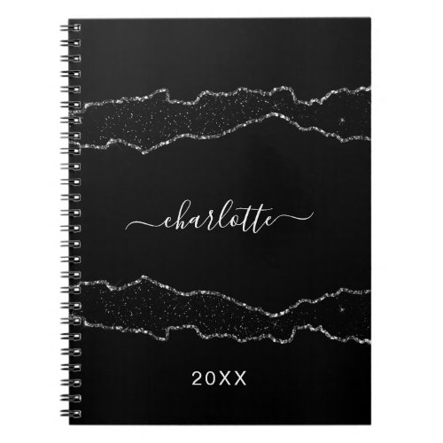 Black silver agate marble name script notebook