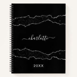 Black silver agate marble name script notebook
