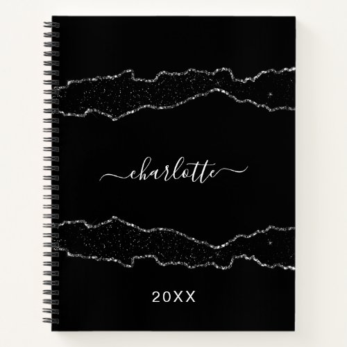 Black silver agate marble name script notebook