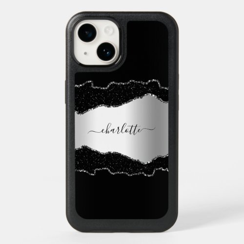 Black silver agate marble name script OtterBox iPhone 14 case