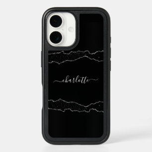 Black silver agate marble name script iPhone 16 case