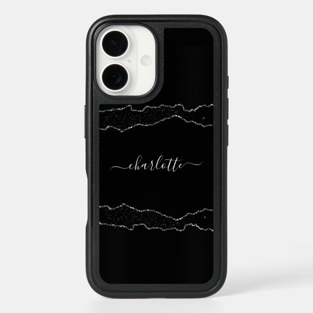 Black silver agate marble name script otterbox iPhone case (Back)