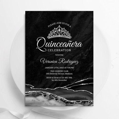 Black Silver Agate Marble Quinceanera Invitation