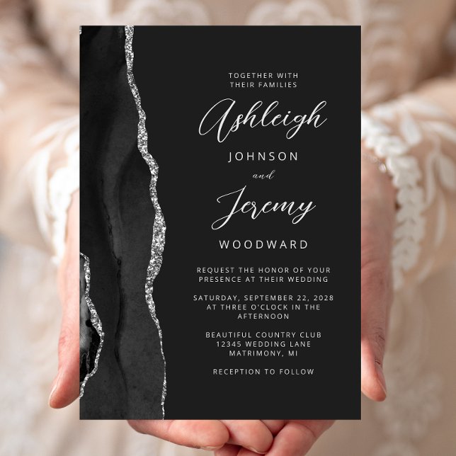 Black Silver Agate Modern Script Wedding Invitation (Creator Uploaded)