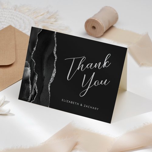 Black Silver Agate Modern Script Wedding Thank You Card