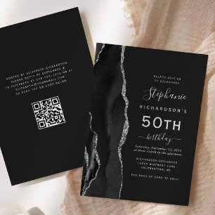 Black Silver Agate QR Code 50th Birthday Invitation