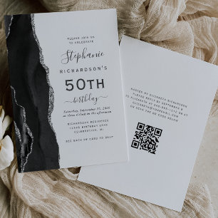 Black Silver Agate QR Code 50th Birthday Invitation