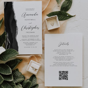 Black Silver Agate QR Code Wedding Invitation